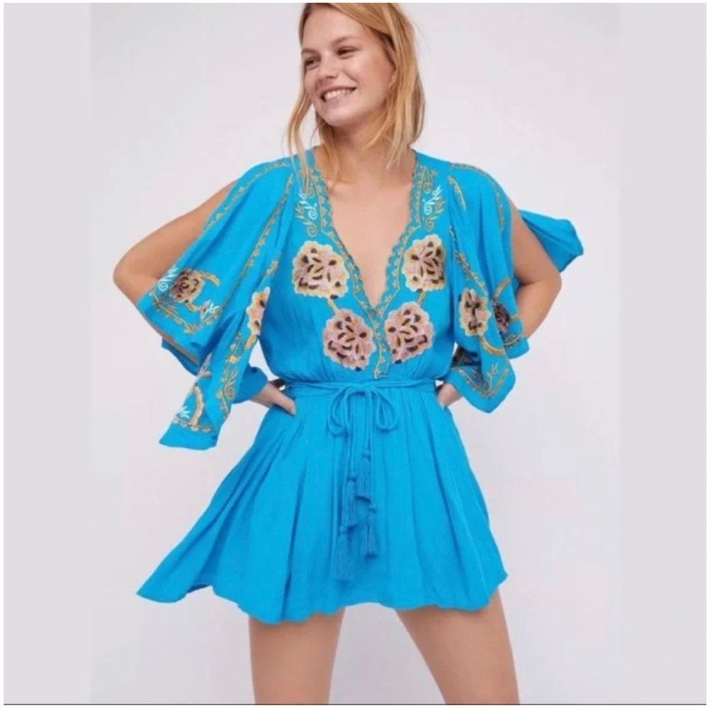NWT Free People Cora Embroidered Mini Dress in Turquoise Size Large - Picture 8 of 16